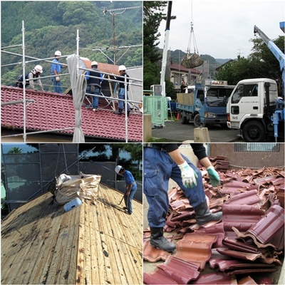 既設木造建物の屋根材軽量化作業　